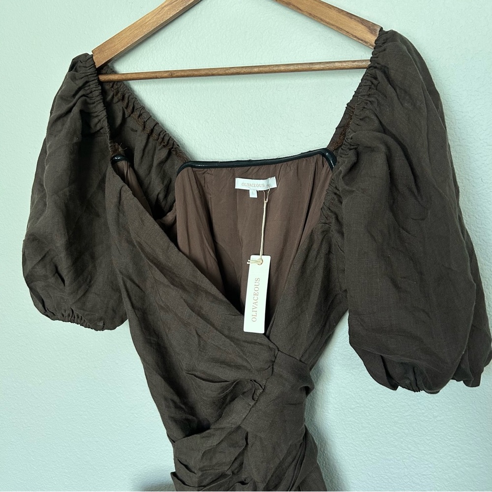 🤎Olive Brown Puff Sleeve Wrap Mini Dress by Olivaceous - Picture 4 of 5